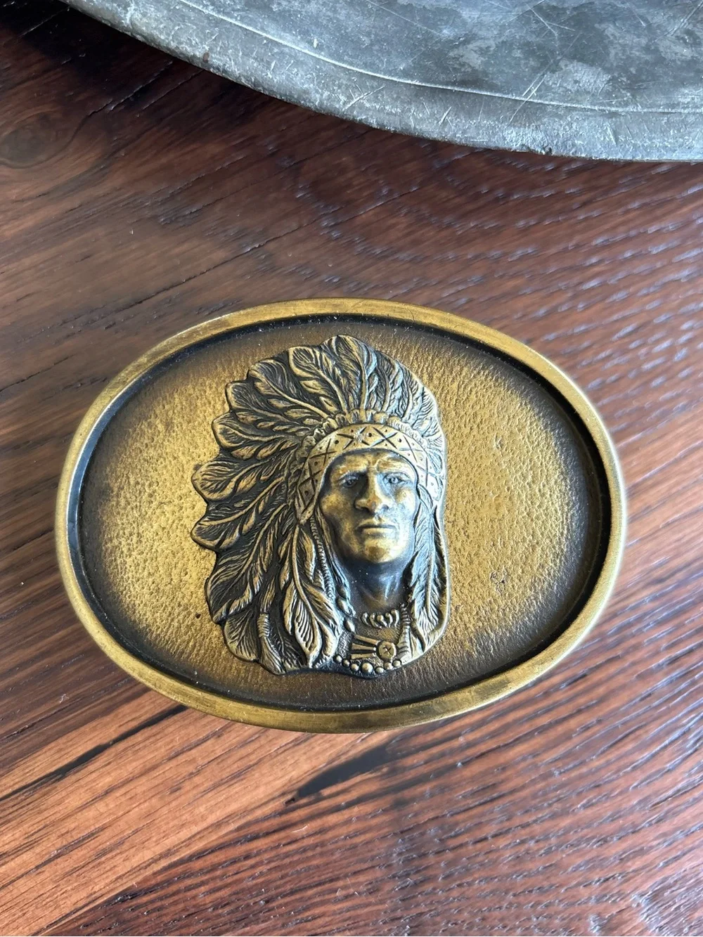 Vintage Solid Brass Belt Buckle, Indian Chief Headdress, Oval, Native American